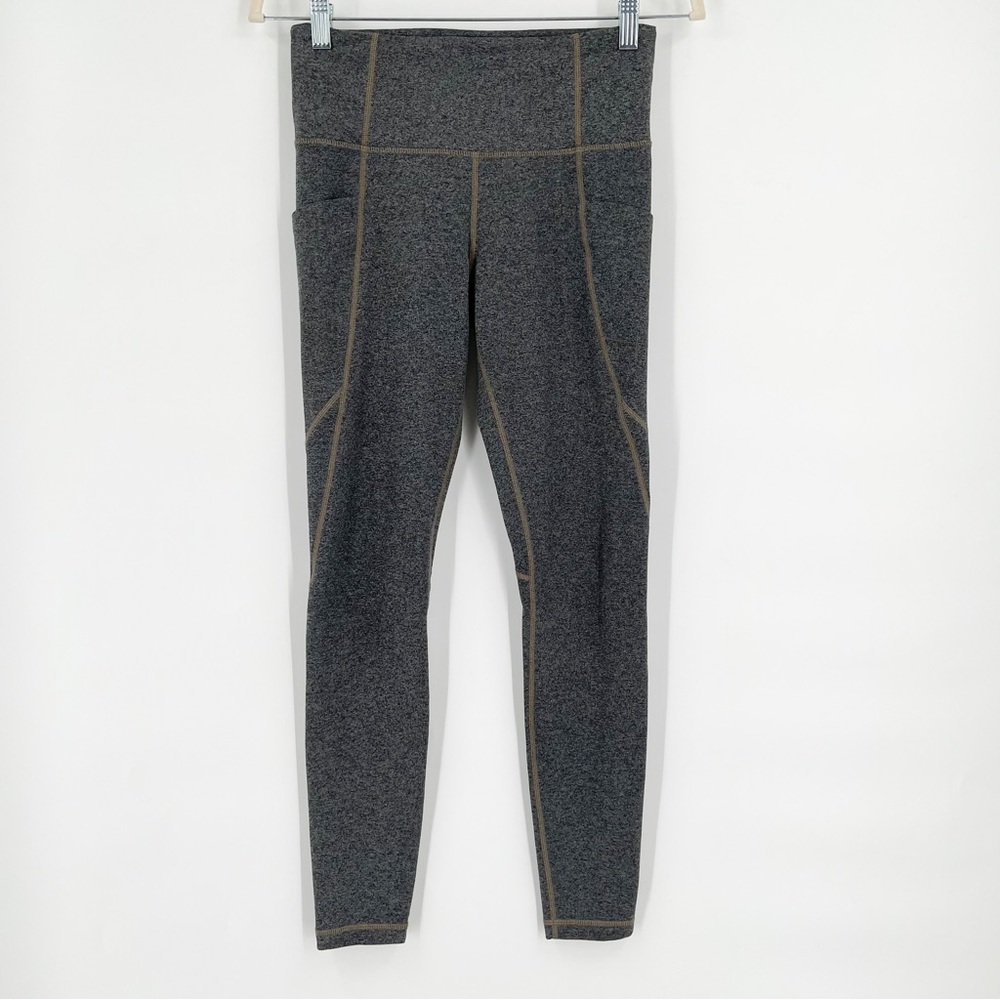 Athleta Salutation Stash Pocket 7/8 Ankle Leggings Gray w/ Brown Seams Women’s S
